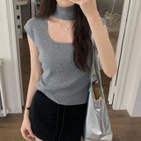Design Sense Hanging Neck Shoulder Sleeveless Knitted Shirt Spring New Slim High Waist Short Vest Bottomed Blouse