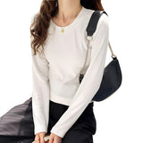 Spring And Autumn Simple Slim Bottomed Shirt Women 2025 Autumn And Winter New Style White Shirt With Round Collar And Long Sleeves T-Shirt
