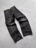 Yipinpay Loose Wide-Leg Retro American High-Set Retro Black Patchwork Hole Jeans Hip-Hop