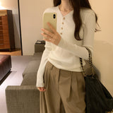 Yipinpay V-Collar Buckle Long-Sleeved Sweater Women's Autumn And Winter 2024 New Tight Bottomed Sweater With Underwear