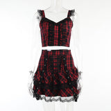 Yipinpay Dark Plaid Sling Lace Tie Pleated Skirt 2024 Spring Personality Suit