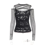 Yipinpay Autumn New Personality Women's Wear Dark Wind Hot Girl Sexy Slim Grid Hole Long-Sleeved Top Girl