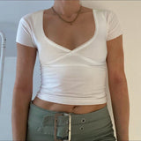 Hot Girls Sexy V-Collar Lace Stitching Solid Color Short-Sleeved Basic Casual Short-Sleeved Blouse 2024 Summer New Style