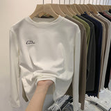 Yipinpay Velvet White Bottomed Shirt Women's Autumn And Winter New Style Embroidery Long-Sleeved Sanded T-Shirt Round Collar Blouse