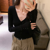 Yipinpay Style Breasted Large V-Necked Knitted Sweater Women's Autumn And Winter New Long-Sleeved Cardigan And Short Blouse