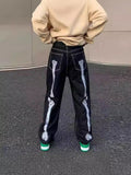 Yipinpay Street Skeleton Black Jeans Men's Hip-Hop Straight Loose Harajuku Casual Floor Jeans