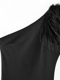 Yipinpay Street Style One-Shoulder Feather Long Slim Dress In Spring 2024