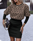 Yipinpay Independent Station Autumn New Fashion Printed Waist Round Collar Long-Sleeved Dress