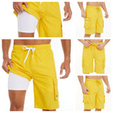 Yipinpay Pants Solid Color Multi-Pocket Fake Two Double-Layer Overalls Five-Point Fitness Running Leisure Sports Shorts