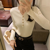 Yipinpay V-Collar Buckle Long-Sleeved Sweater Women's Autumn And Winter 2024 New Tight Bottomed Sweater With Underwear
