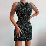 Yipinpay Spring / Summer New Fashion Neckline Sex Crystal Tassel Hip Sequins Dress Middle Waist Evening Dress