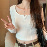 Yipinpay V Neckline Short Threaded Long-Sleeved T-Shirt Women's Autumn New Bottomed Shirt Design Niche Blouse