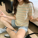 College Style Rainbow Striped Round-Neck T-Shirt Women's Summer Loose Style Vintage Blouse Design Sense Minority