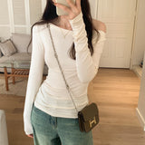 Yipinpay Color Long-Sleeved T-Shirt Women's Autumn New Design Sense Minority Shoulder Blouse Slim And Thin Bottomed Shirt