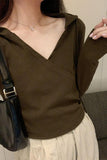 Yipinpay V-Necked, Shoulder Padded, Long-Sleeved T-Shirt With New Autumn And Winter Waist And Short Style Lazy Wind Blouse