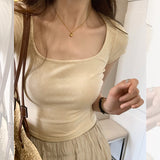 Large Square Collar Design Small Solid Color T-Shirt Women's Short Sleeves Show Thin Exposed Collarbone Short Style Sweet Hot Style Blouse
