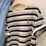 Shoulder Striped Short-Sleeved Embroidered T-Shirt Women's Summer New Design Chic Loose Leisure All-Purpose Commuter Shirt