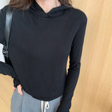Yipinpay Hooded Solid Color Long-Sleeved T-Shirt Women's Early Autumn New Style Design Slim And Thin T-Shirt