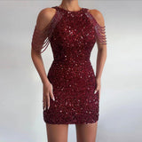 Yipinpay Spring / Summer New Fashion Neckline Sex Crystal Tassel Hip Sequins Dress Middle Waist Evening Dress