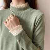 Yipinpay Semi-High-Necked Velvet Bottomed Blouse With A New Style Of Long-Sleeved Knitted Velvet And Warm Lace Blouse