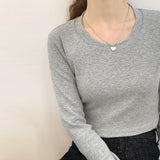 Spring And Autumn Simple Slim Bottomed Shirt Women 2025 Autumn And Winter New Style White Shirt With Round Collar And Long Sleeves T-Shirt
