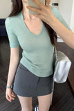 U Straight Shoulder Ice Silk Knitted Short-Sleeved T-Shirt Women 2024 Summer Thin Style Bottomed Shirt Slim Short Blouse