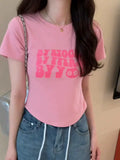 Pink Letter Printing Sweet And Spicy Girl Style Short Shoulder Slim T-Shirt Women's Summer New Skinny Blouse