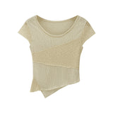 Korean Minority Design Temperament Texture Fabric Spliced Shoulder Short-Sleeved T-Shirt Women's Summer 2024 New Blouse