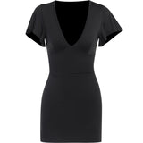 Yipinpay Sexy V Collar Waist Shows Thin Short-Sleeved Dress Temperament Slim Casual Pure Color Hip Skirt Woman