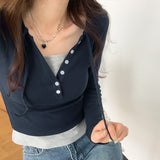 Yipinpay Desire To Fake Two V-Collar Long-Sleeved T-Shirts For Women In Early Autumn, The New Design Feels Like A Small Group Of Slim Spicy Girls' Short Blouses.