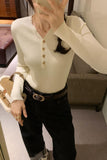 Yipinpay V-Collar Buckle Long-Sleeved Sweater Women's Autumn And Winter 2024 New Tight Bottomed Sweater With Underwear