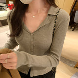 Yipinpay Collar Striped Minority Knitted Cardigan Women's Autumn And Winter New Slim Long-Sleeved Bottom Sweater Jacket