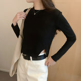 Yipinpay New Autumn And Winter Short Split Waist Bottomed T-Shirt With A Simple Round Neck And Long Sleeves For Women.