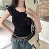 Korean Style Simple Shoulder Short-Sleeved T-Shirt Women's Summer Thin Style Design Feeling Solid Color Full-Fitting Spicy Girls Short-Style Blouse