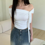 The Word Solid Color Irregular Bandage And Knot On The Shoulder Is Sexy In Summer, Wrinkled And Skinny T-Shirt.