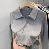 European Design Sense Niche Double Zipper Polo Collar Jacket Women's Early Autumn New Threaded Short Top Knitted Cardigan