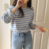 Yipinpay Spring And Autumn Wear Korean Version Of Striped T-Shirt Women's Long Sleeves Loose Leisure Lazy Wind Pure Cotton Student Shirt Trend