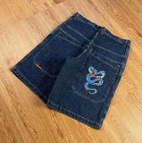 Yipinpay Year's Popular Street Y2K Jeans, Sports Trousers, Hip-Hop Cartoon Embroidery, Retro Blue Loose.