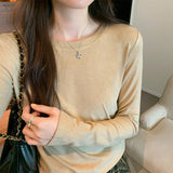 Yipinpay Color Round Neck Slim Long-Sleeved T-Shirt Women's New Style Casual Shirt With Straight Shoulders In Autumn And Winter