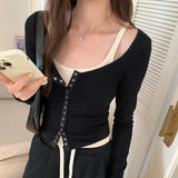 Yipinpay Small Number Of Hot Girls Press Button Low-Collar Retro Cardigan Blouse Women's Autumn New Style Long-Sleeved T-Shirt