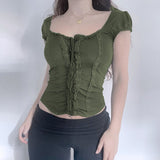 2024Ins Early Summer New Square Collar Slim To Show Thin Split Line Fashion Tie Vintage Short-Sleeved T-Shirt Woman