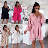 Yipinpay Early Autumn New V-Collar Dress Ins Casual Home Loose Multicolor Dress For Women