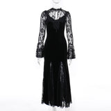 Yipinpay Autumn New Style Sexy Micro-Transparent Slim Dress Dark Lace Fishtail Long-Sleeved Dress Woman