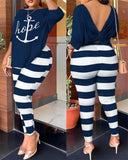 Yipinpay Autumn New Women's Fashion Leisure Bare-Back Printed Trousers Suit