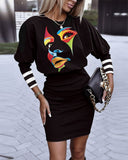 Yipinpay Independent Station Autumn New Fashion Printed Waist Round Collar Long-Sleeved Dress