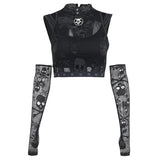 Yipinpay Dark Wind Netting Skull Lace Vest Two-Piece Set Spring Ins Sexy Inner Suit