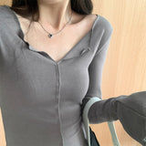 Yipinpay Girls Tight Agaric Edge V-Collar Long-Sleeved T-Shirt Women's Autumn New Thin Bottom Shirt Soft Waxy Inner Coat