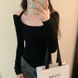 Yipinpay Sense Minority Hot Girls Hang Neck Pleated Long-Sleeved T-Shirt Women's Autumn New Solid Color Slim Bottom Underwear