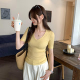 U Straight Shoulder Ice Silk Knitted Short-Sleeved T-Shirt Women 2024 Summer Thin Style Bottomed Shirt Slim Short Blouse