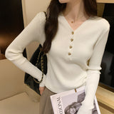 Yipinpay V-Collar Buckle Long-Sleeved Sweater Women's Autumn And Winter 2024 New Tight Bottomed Sweater With Underwear